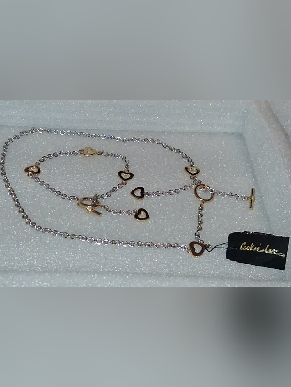 Cookie Lee Two-Tone Heart Station Necklace - Silver and Gold